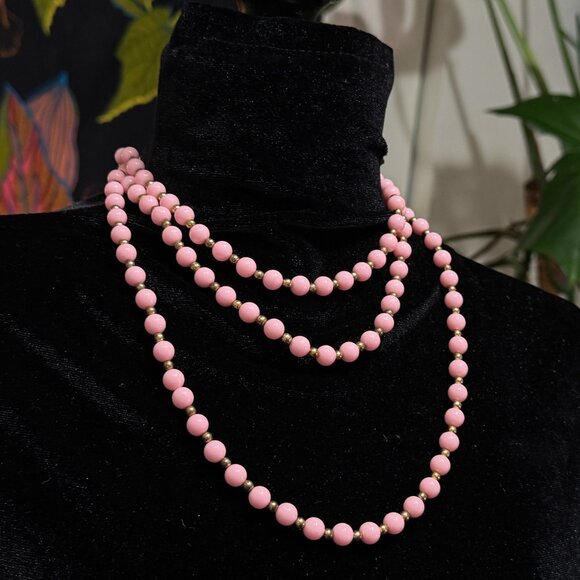 Vintage Beaded Necklace, Rope Length, Box Clasp, Pink & Gold Tone - Picture 3 of 15